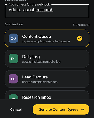 ShareToWebhook dark-mode share screen with an optional research note and the Content Queue destination selected