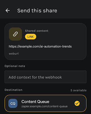 ShareToWebhook dark-mode share screen with the Content Queue webhook destination selected