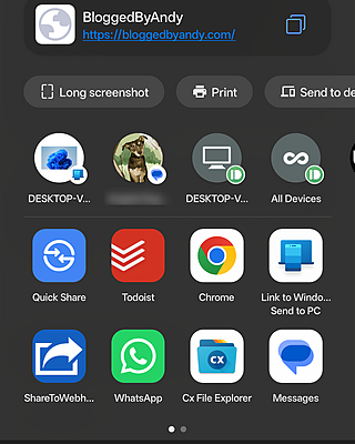 Android share sheet open over bloggedbyandy.com in Chrome with ShareToWebhook available as a share target